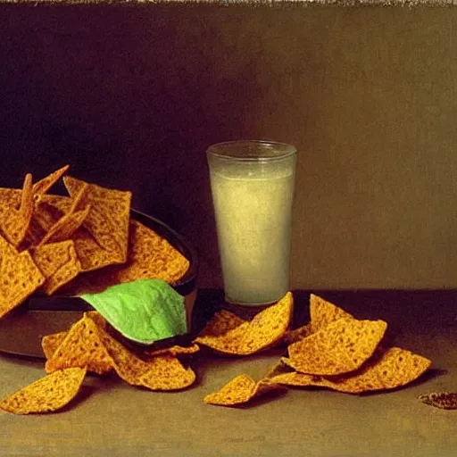 Image similar to Realistic still life of a bowl of doritos, mountain dew, by Fantin-Latour, 1866,