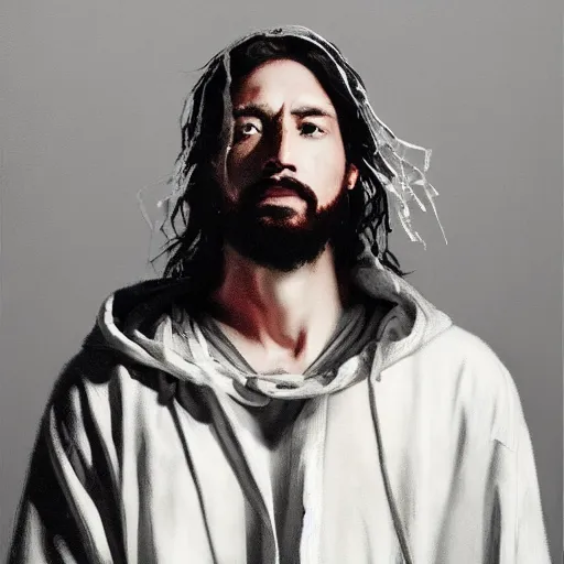 Image similar to a full body lookbook portrait of modern day jesus wearing cream fear of god menswear collection by nicola samori, hat and hoodie, detailed, oil painting, hyper realistic, 8 k, yeezy collection