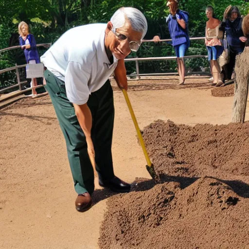 Image similar to a photo of Anthony Fauci shoveling elephant poop at the zoo, he is dressed in a tan uniform