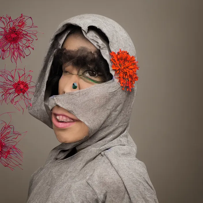 Prompt: a woman wearing a hood made of wire and zinnias, in an abandoned office building, by steven assael, canon eos c 3 0 0, ƒ 1. 8, 3 5 mm, 8 k, medium - format print