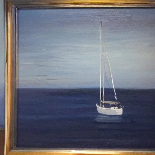 Image similar to white sailboat on a dark blue sea by a port, coherent, oil on canvas, reflection