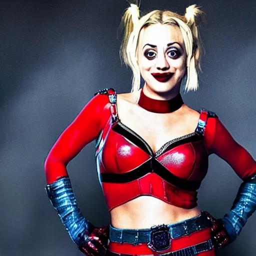 Image similar to A still of Kaley Cuoco as Harley Quinn