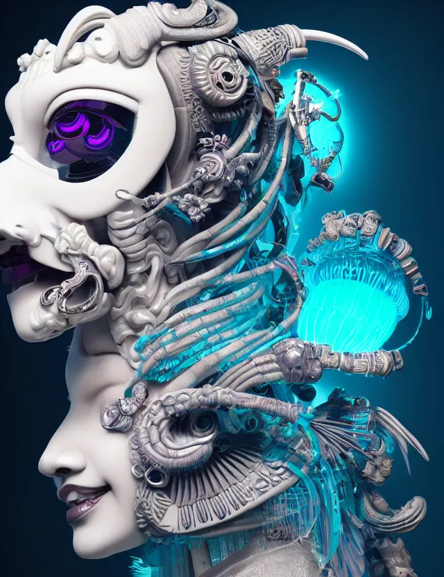 Image similar to 3 d goddess close - up profile portrait cyberpunk with ram skull. beautiful intricately detailed japanese crow kitsune mask and clasical japanese kimono. betta fish, jellyfish phoenix, bio luminescent, plasma, ice, water, wind, creature, artwork by tooth wu and wlop and beeple and greg rutkowski