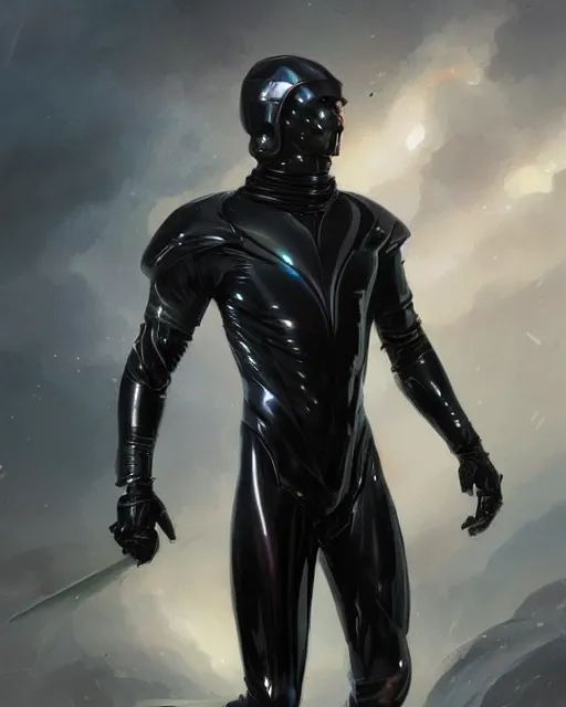 Image similar to iridescent sinewy smooth muscular male sleek glossy black pearlescent scifi armor with smooth black featureless helmet, by greg rutkowski, mark brookes, jim burns, tom bagshaw, magali villeneuve, eve ventrue, trending on artstation