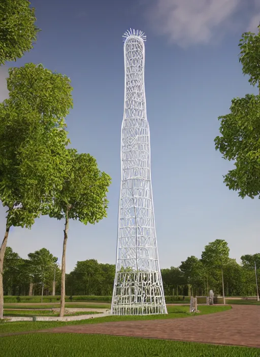 Image similar to highly detailed realistic architecture 3 d render of a stele shukhov tower standing in a city park, archdaily, made in unreal engine 4 octane render