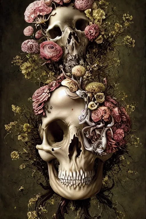 Prompt: a beautiful detailed rococo of a rotten woman corpse becoming almost a skull with face muscles, veins, arteries, fractal plants and fractal flowers and mushrooms growing around, intricate, ornate, surreal, ray caesar, john constable, guy denning, dan hillier