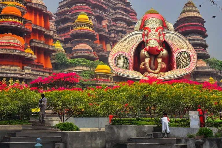 Image similar to beautiful futuristic new delhi, sharp technopunk ganesha!! building, kalighat flowers, highly detailed, stephen shore & john j. park, cinematic morning light, wide shot, ground angle, uhd 8 k, sharp focus