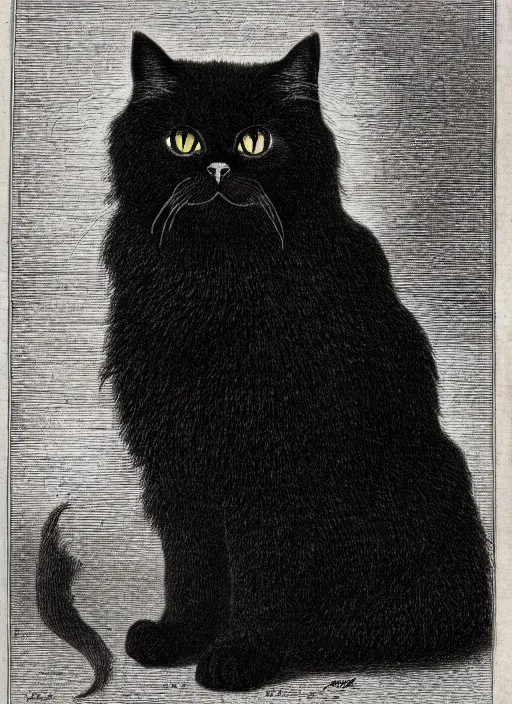 Prompt: portrait of a black persian cat staring contemptuously at people, demon from the dictionarre infernal, etching by louis le breton, 1 8 6 9, 1 2 0 0 dpi scan, ultrasharp detail, clean scan