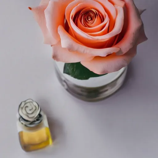 Image similar to perfume bottle sitting on a white surface surrounded by a plethora peach colored roses, bright white realistic, up close shot, white background, zen, light, modern minimalist f 2 0