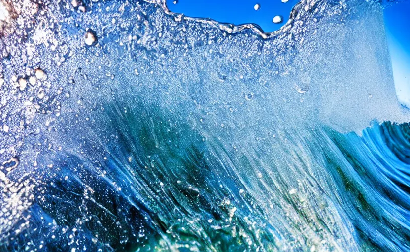 Prompt: high - speed extreme close - up photography through the perfect curl of a breaking ocean wave catching the sunlight, water spray, blue sky