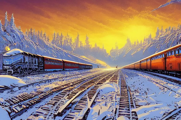 Image similar to trans - siberian express train illustration by joe fenton and syd mead and p. craig russell and barry windsor - smith, artstation, 4 k, graphic novel, concept art, matte painting, beautiful russian winter landscape sunset background, golden hour, art nouveau