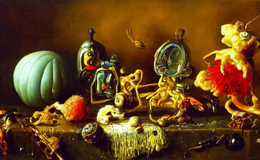 Image similar to disturbing colorful oil painting dutch golden age vanitas still life with bizarre objects strange gooey surfaces shiny metal bizarre insects rachel ruysch dali todd schorr very detailed perfect composition rule of thirds masterpiece canon 5 0 mm, cinematic lighting, photography, retro, film, kodachrome