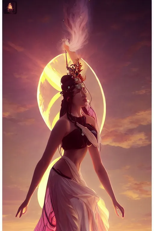 Image similar to full body dancing in the sunset a seductive meditation goddess in the style of artgerm, wlop, greg rutkowski, alphonse mucha and ayami kojima, realistic details, volumetric lighting, very very very very beautiful symmetrical face, trending on artstation, artstationhd, artstationhq, unreal engine, 4 k, 8 k