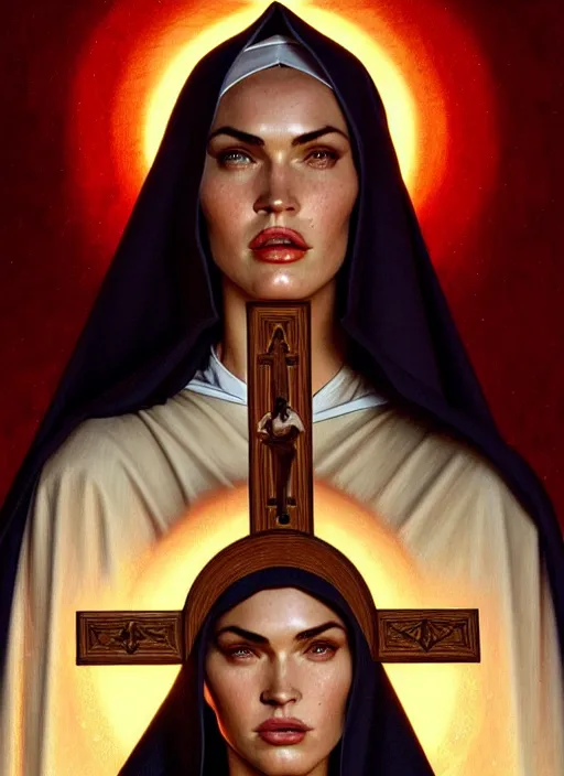 Image similar to portrait of megan fox as a nun with satanic cross, catholic, church, bible, christian, intricate, headshot, highly detailed, digital painting, artstation, concept art, sharp focus, cinematic lighting, illustration, art by artgerm and greg rutkowski, alphonse mucha, cgsociety