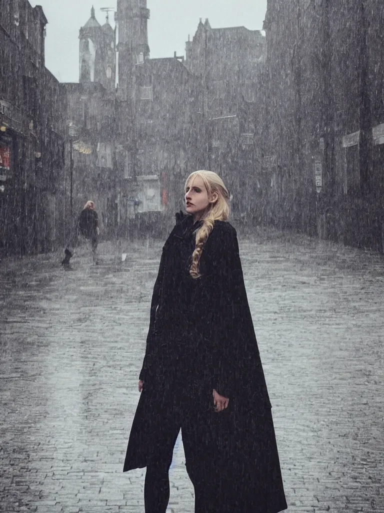 Prompt: cute annie leonhart in the dunwall city centre, dunwall city, beautiful face, natural lighting, rainy weather, gothic architecture, natural reflections, model agency, instagram photo, depression atmosphere, shot on iphone 1 3 pro, natural beauty, beautiful girls