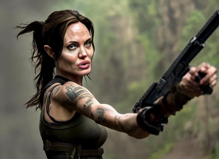 Image similar to film still of!!!! angelina jolie!!! as lara croft in new tomb raider movie, 8 k