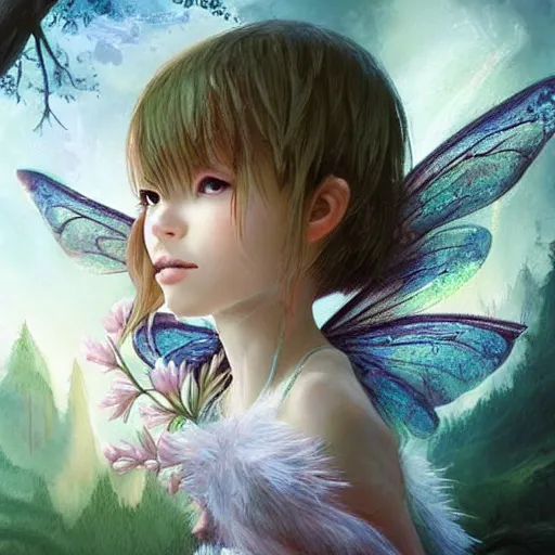 Image similar to child fairy fliying iver a river, forest by ross tran, highly detailed face