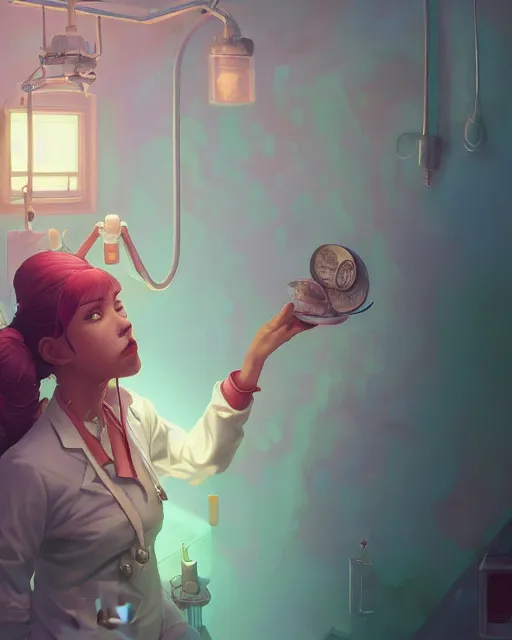 Image similar to highly detailed surreal vfx portrait of a candypunk nurse, stephen bliss, unreal engine, greg rutkowski, loish, rhads, beeple, makoto shinkai and lois van baarle, ilya kuvshinov, rossdraws, tom bagshaw, alphonse mucha, global illumination, detailed and intricate environment