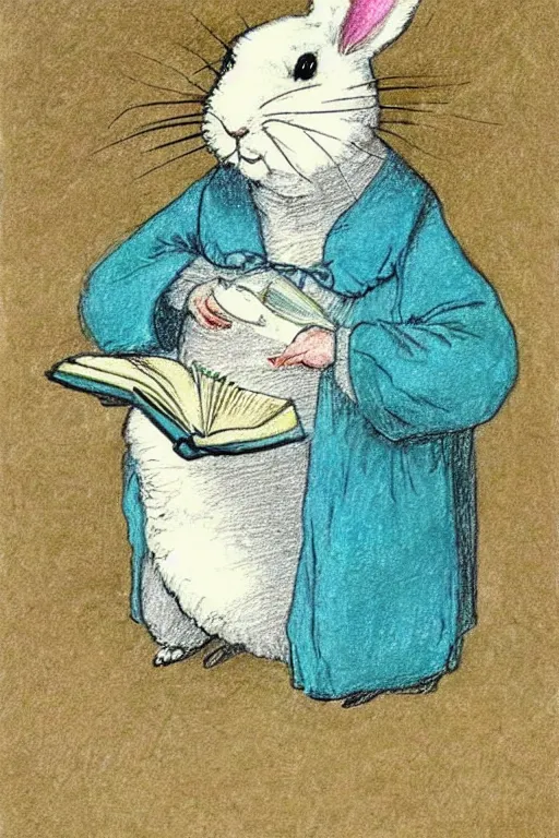 Image similar to drawing of white rabbit reading a book,Beatrix Potter, turquoise