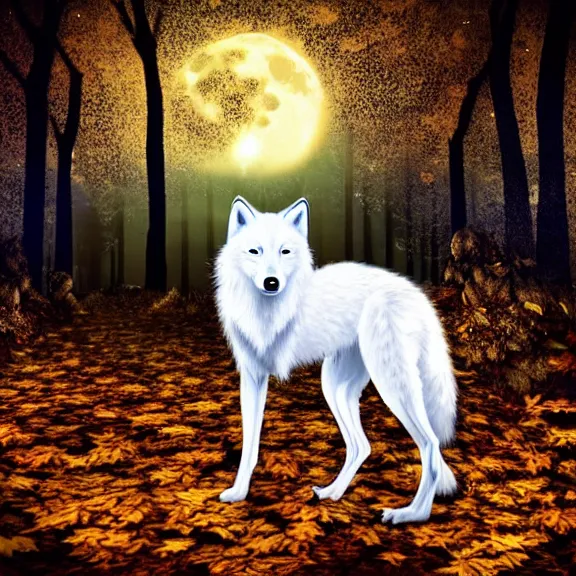 Image similar to white wolf with blue eyes stands in a dark night dormant autumn forest with magic moon in sky, no yellow color in eyes, no yellow color, realistic