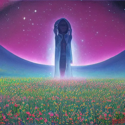 Prompt: a beautiful painting of a large alien shrine shrouded by mystic nebula magic in a field of flowers by moebius