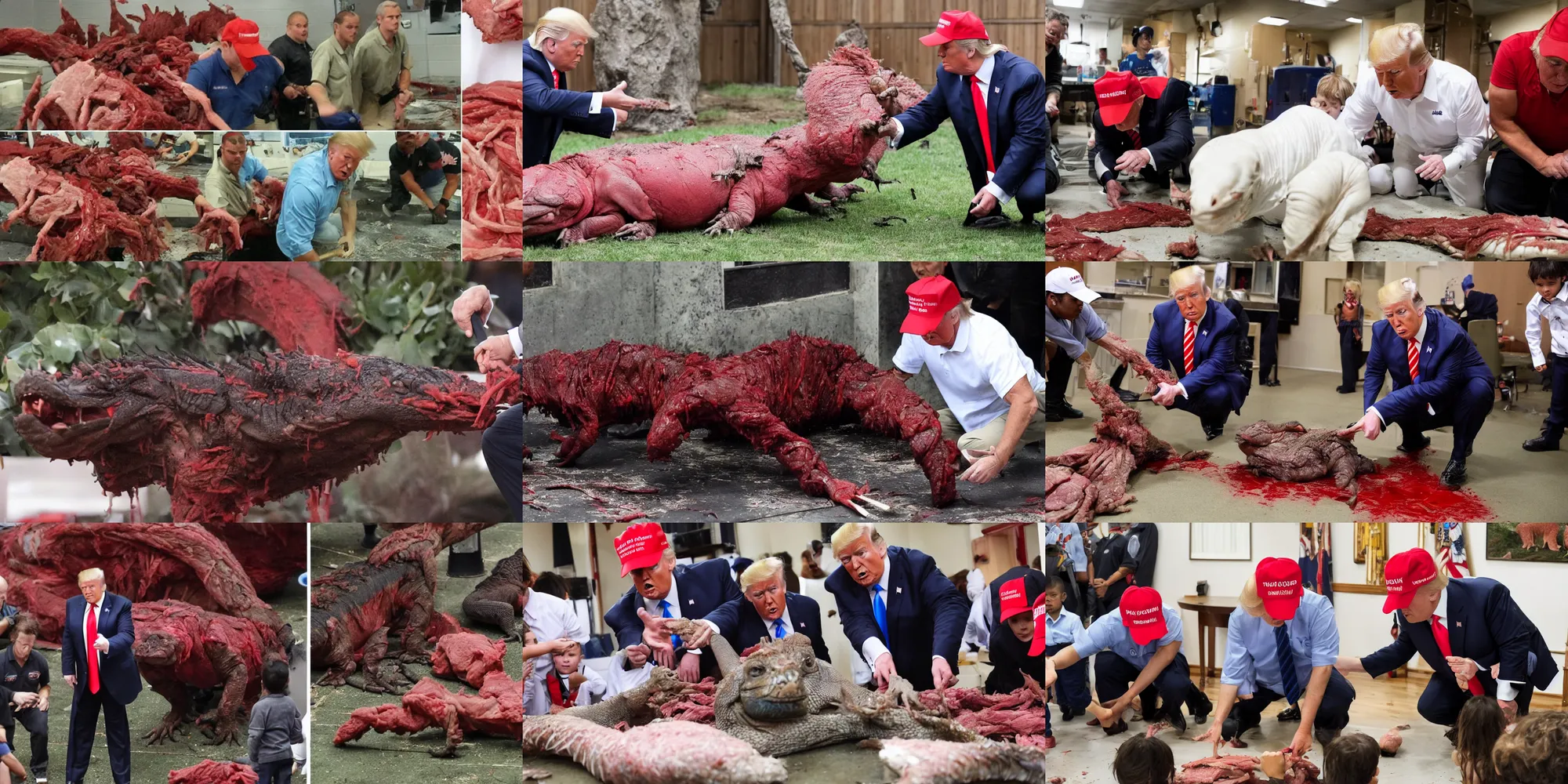 Prompt: trump working at a daycare attacked by a komodo dragon blood and bone wet shredded red meat