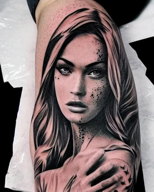 Image similar to double exposure effect tattoo design sketch of megan fox with amazing mountain scenery, realism tattoo, in the style of den yakovlev, amazing detail, sharp