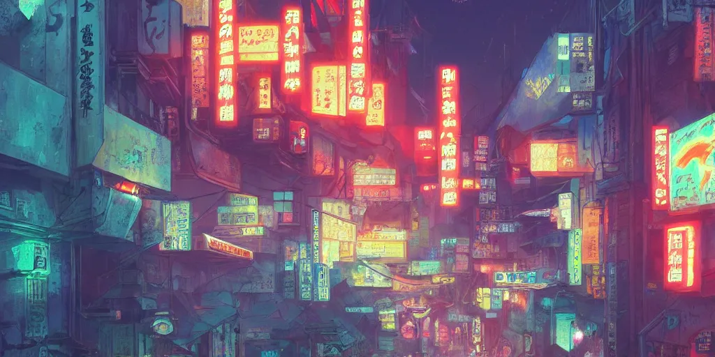 Prompt: A dystopian rundown neon colorful Japanese town, eye-level perspective, illustrated by Greg Rutkowski, 8k, 4K, trending on artstation, artstationHQ, artstationHD