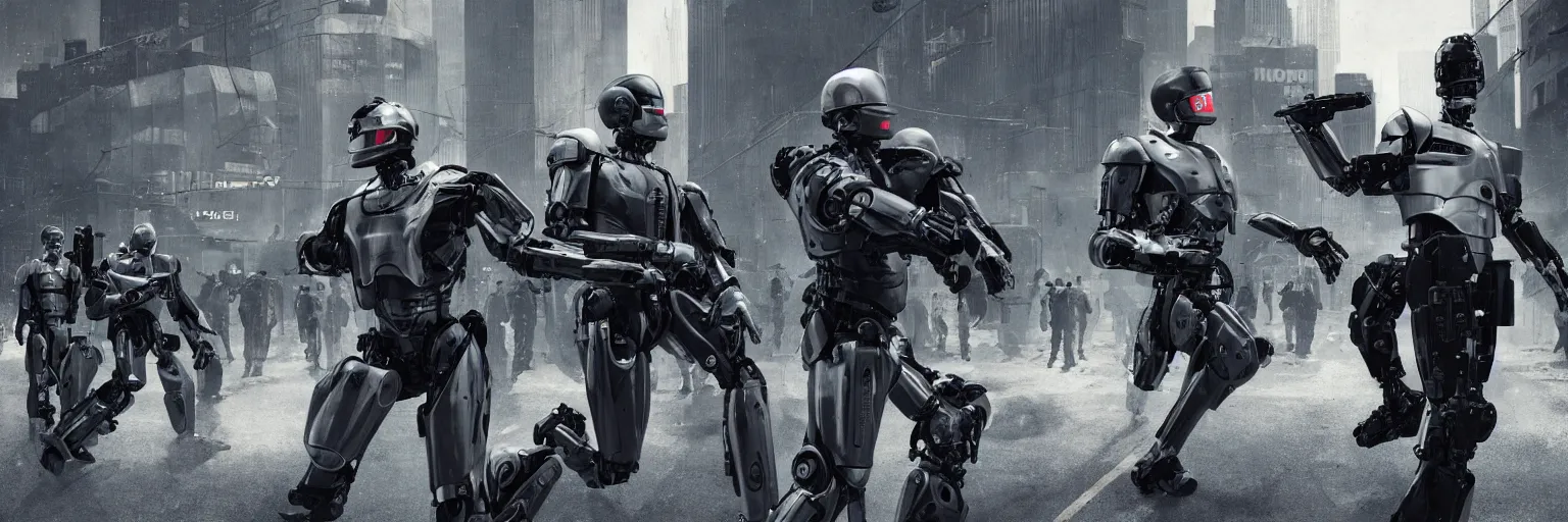 Prompt: Robocop firing pistol dark dystopian Detroit