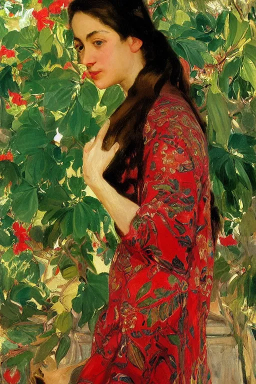 Image similar to a girl with arabesque red and green and golden detailed scarf near bougainvillea and mexican palms, persian carpet, painting by john singer sargent