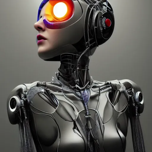 Image similar to a beautiful woman wearing robot suit with wires and light, highly detailed, photorealistic, artstation, smooth