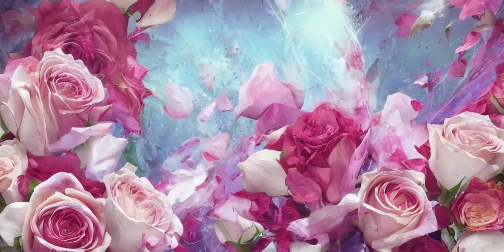 Image similar to magic invisible blade slicing through a bouquet of white and pink roses, flowers exploding and spraying and splattering, big puffy clouds, exploding roses, large rose petals, lotus petals, large polygonal background elements, large polygons, dramatic anime, dramatic radiant lighting, artgerm, manga, trending on artstation, art nouveau, mature colors