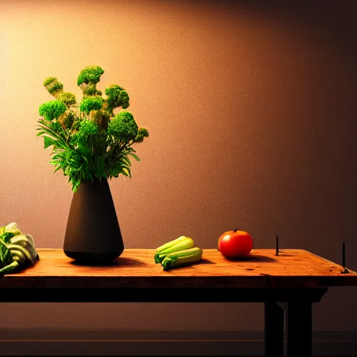 Image similar to a large vase on top of a antique wooden table, vegetables on table and candle, medieval concept art, cinematic lightning and colors, vray tracing, rendered in unreal engine, dark lightning, contrast shadows