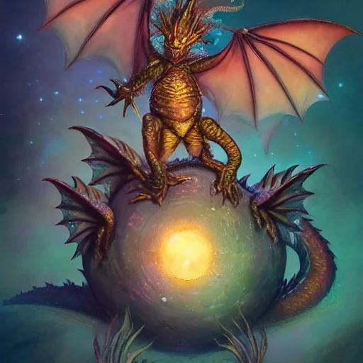 Image similar to a hyperrealistic illustration of a cute and tiny dragon that glows in the dark, dragon baby, glow in the dark, fractal moonlight, little dragon with glowing scales, award - winning, masterpiece, in the style of tom bagshaw, cedric peyravernay, peter mohrbacher