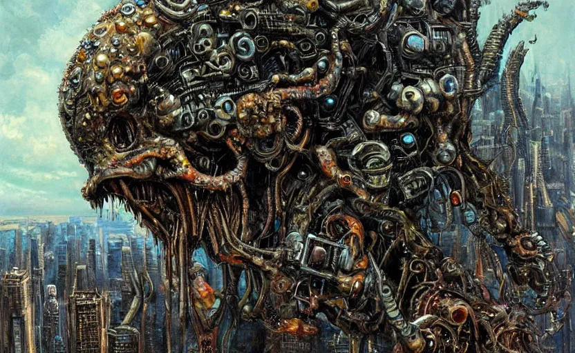 Image similar to an oil painting of biopunk aether monster that consumes new york city in style of lovecraftian horror by simon bisley