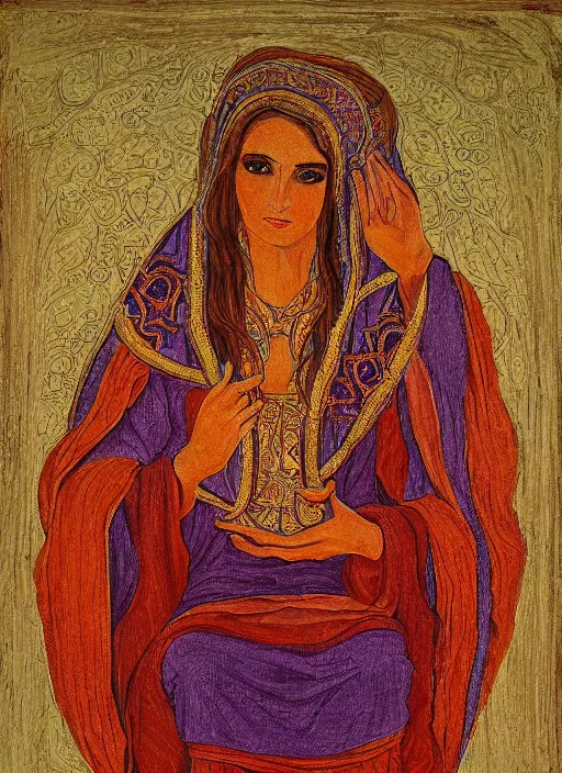 Prompt: Portrait of a beautiful priestess from the oracle of Delphi, looking into the flames, greek fabric by Julia Ustinovich