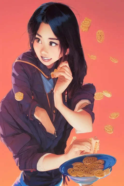 Image similar to asian girl eating a ritz cracker by artgerm, tooth wu, dan mumford, beeple, wlop, rossdraws, james jean, marc simonetti, artstation giuseppe dangelico pino and michael garmash and rob rey and greg manchess and huang guangjian and makoto shinkai