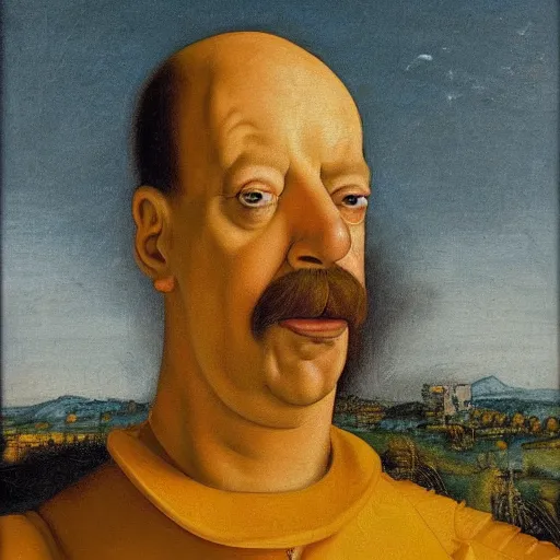 Image similar to vividly colorful oil painting portrait of Homer Simpson wearing aristocratic dress in the style of Cranach the Younger