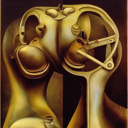 Image similar to Oil painting by Dali. Two mechanical trash gods with animal faces kissing. Oil painting by Hans Bellmer.