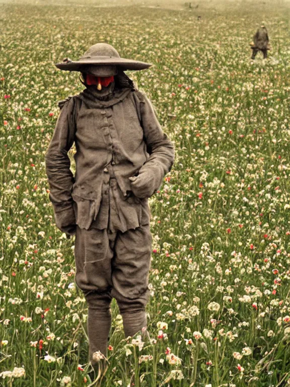 Image similar to human-like scarecrow wearing torn military clothes in beautiful meadow of flowers, ww1 photo, grainy, high detail, high resolution,