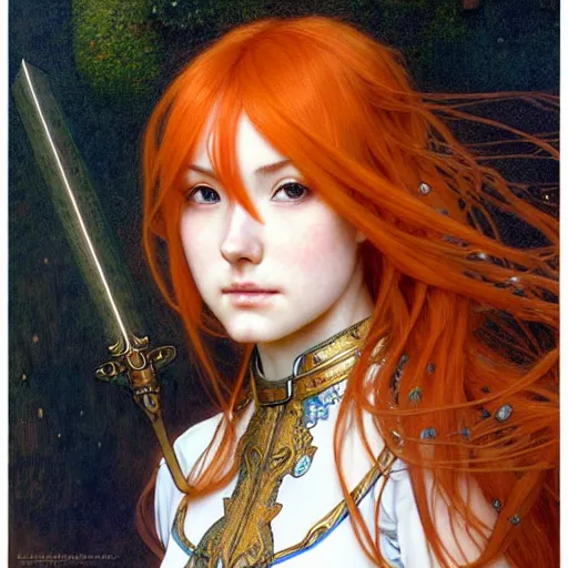 Image similar to Masterpiece head and shoulders portrait of Asuna Yuuki, young woman with orange hair wearing a partial paladin armor with a red skirt and white top, face, fantasy, intricate, elegant, highly detailed drawn by Donato Giancola and Tom Bagshaw, face by Artgerm and Edmund Leighton, Alphonse Mucha, background by James Jean and Gustav Klimt, 4k, porcelain skin, komorebi, french nouveau, trending on pixiv, octane render, hyperrealistic