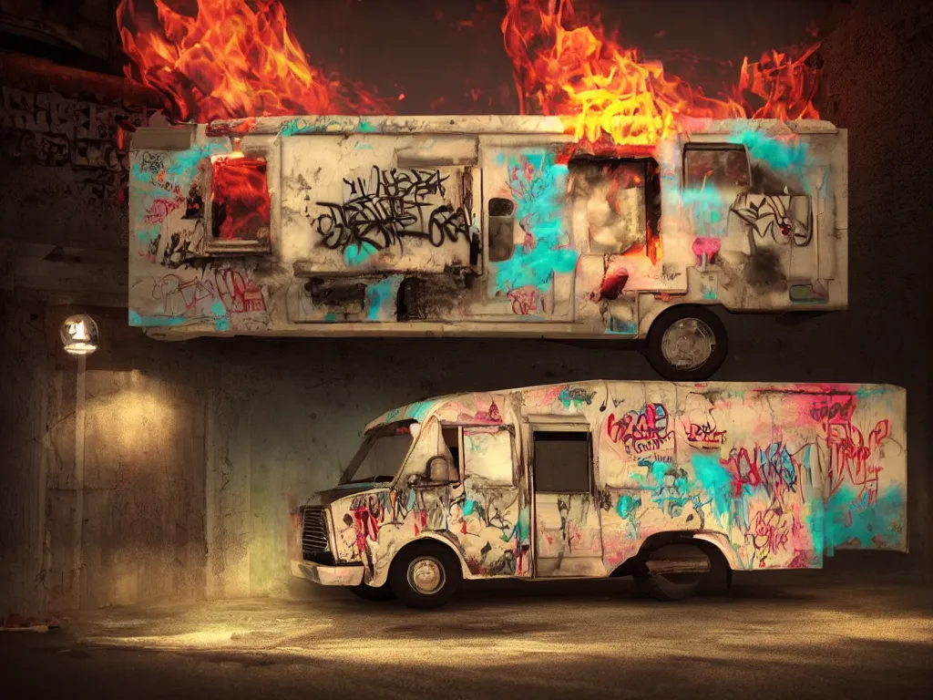 Image similar to graffiti covered Ice cream truck on fire at night, vapor wave, volumetric lighting, haunting atmosphere, gothic, photorealistic, hyperdetailed 3D render, hyperrealism, hyperrealistic, cinematic, silent hill, horror style