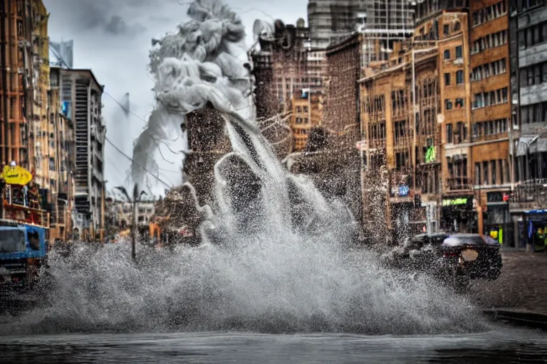 Image similar to destructive water tornado in the city, photorealistic, highly detailed, sharp focus, vivid, colorful, symmetrical, zoom, random, convoluted, mind - blowing, creative, fully functional, end of the world, taken from camera