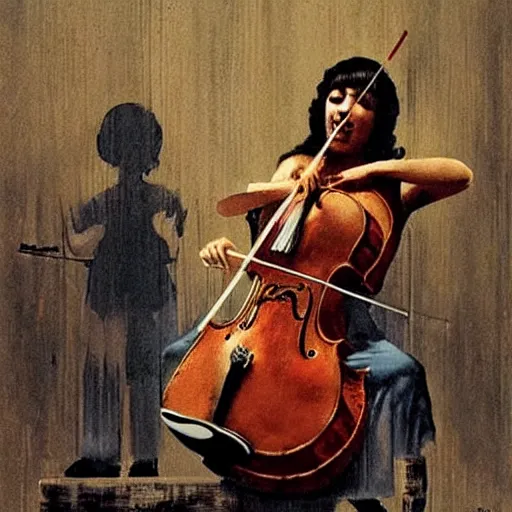 Image similar to cello violin concert art by banksy and frank frazetta