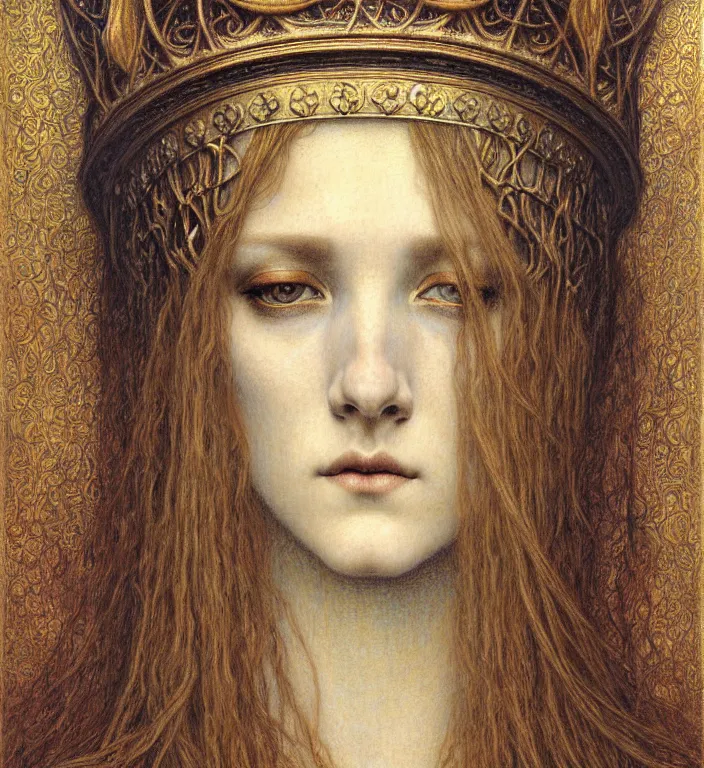 Image similar to detailed realistic beautiful young medieval queen face portrait by jean delville, gustave dore and marco mazzoni, art nouveau, symbolist, visionary, gothic, pre - raphaelite. horizontal symmetry