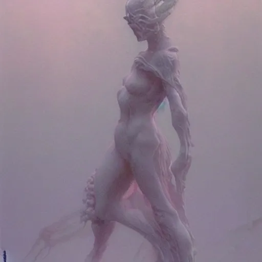 Prompt: atmospheric concept art of a female water elemental sculpted from marble, concept art, character concept art, atmospheric, fog, wayne barlowe , moebius, yoshitako amano