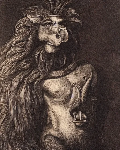 Image similar to a creature with the body and eyes of a man, with the beak of an eagle, the mane of a lion, and the horns of an ox. drawn by francis bacon