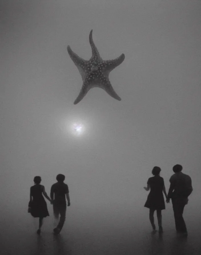 Image similar to very low - resolution found footage of a couple escaping in the city from a starfish kaiju monster, fog, foggy, korean film noir, monochrome, red hue, thriller, underdeveloped, epic, dramatic