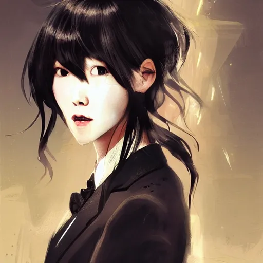 Image similar to portrait of a beautiful korean girl wearing a men's tuxedo, with bangs, very long hair and bangs, angular features, angry expression, dramatic lighting, illustration by Greg rutkowski, yoji shinkawa, 4k, digital art, concept art, trending on artstation