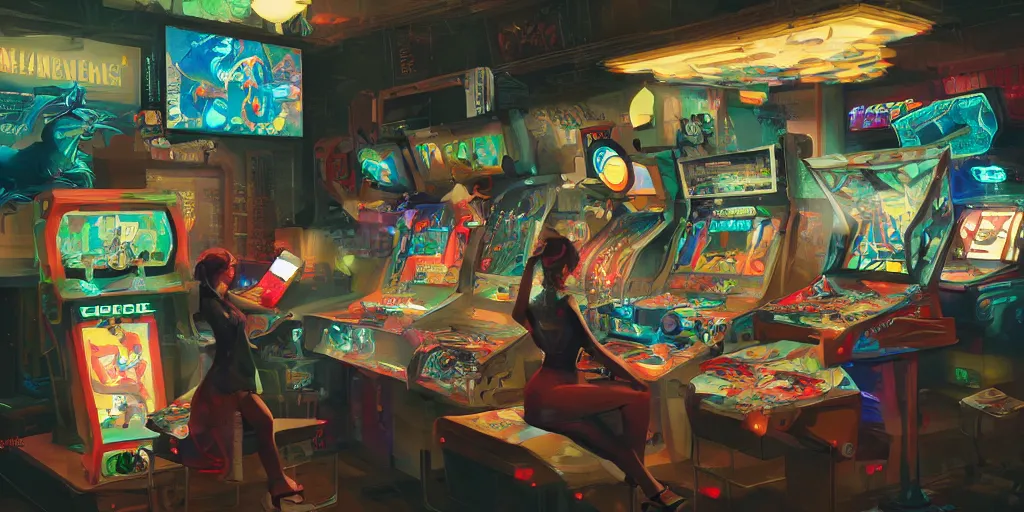 Image similar to an environmental concept art of a stylish woman playing a game in a cluttered arcade, highly detailed, environmental light, cinematic by francis tneh